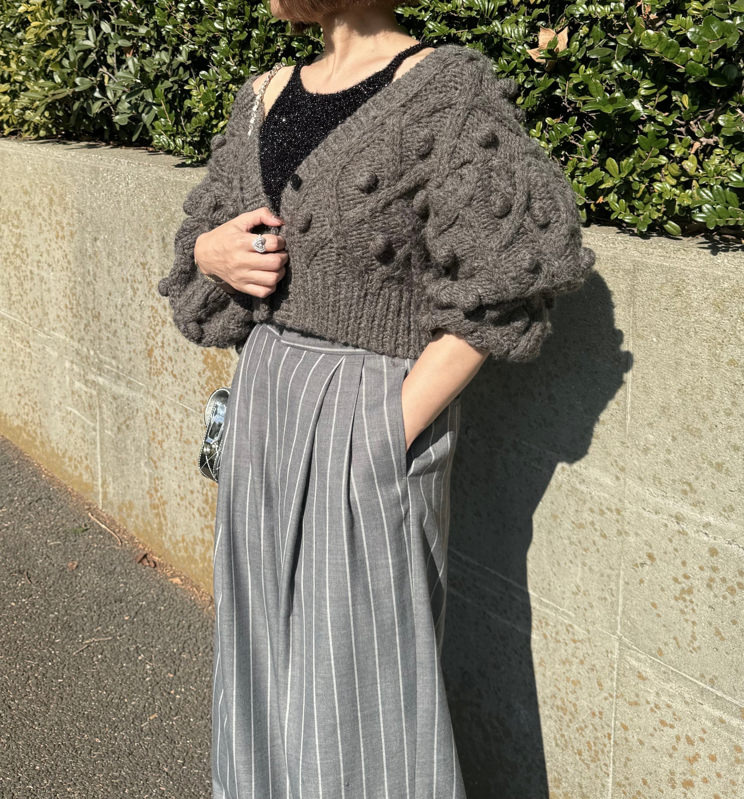 手編みポンポンカーディガン Florent グレー | Cygne 