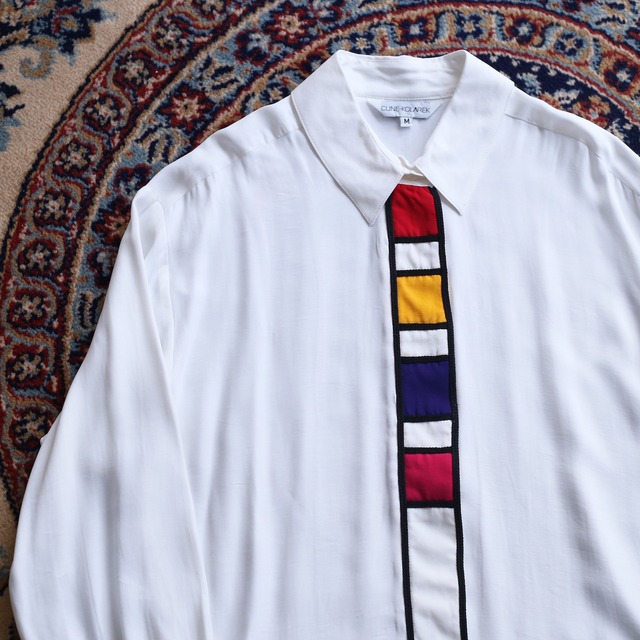 colorful switching design  l/s fly front rayon shirt