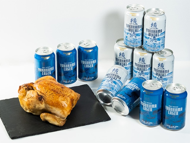 【横浜セット】老舗鶏肉専門店 「梅や」のローストチキン(国産丸鶏 生肉)と横浜ビール 缶ビール12本セット(クール便)