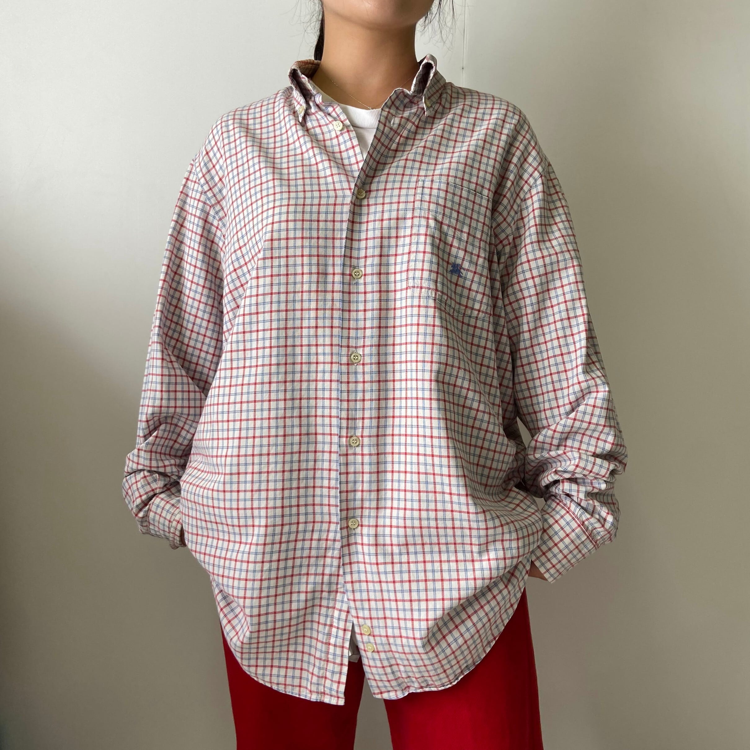 Burberry London バーバリー チェック 長袖シャツ ボタンダウンシャツ メンズxl相当 古着 ホワイト レッド ライトブルー 白 赤 水色 長袖シャツ Cave 古着屋 公式 古着通販サイト