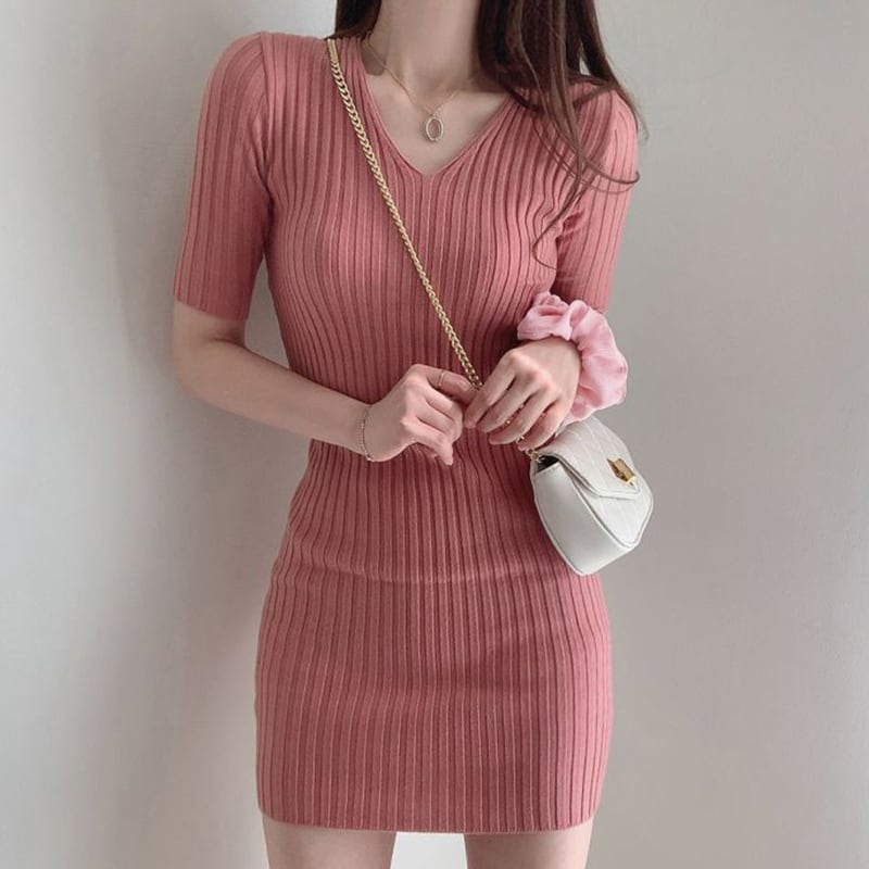 ワンピース ニット 4色展開 ミニスカート 膝上 Vネック ミニ丈 ブルー