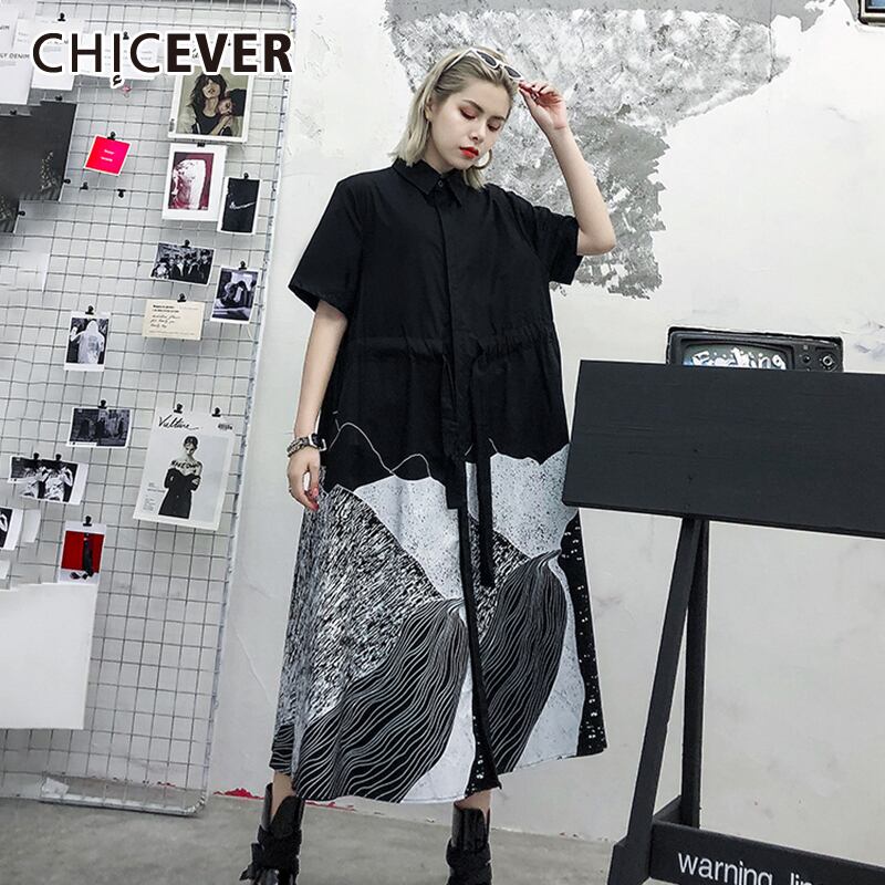 CHICEVERヴィンテージプリントドレスレディースラペルハーフスリーブルーズビッグサイズヒットカラーパッチワークドレス夏 半袖 サマー 夏物 ビンテージ 6base553303430210