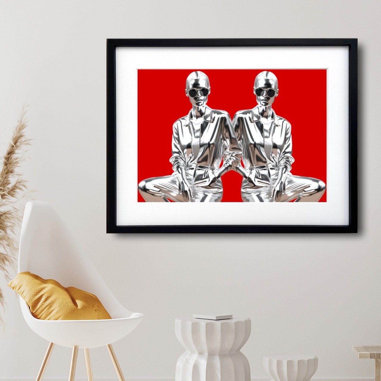 Iron Woman Twinz｜鉄の質感と双子のミューズが魅せるコンテンポラリーアート｜クールで非現実的な空間を作るアートポスターA4ポスター