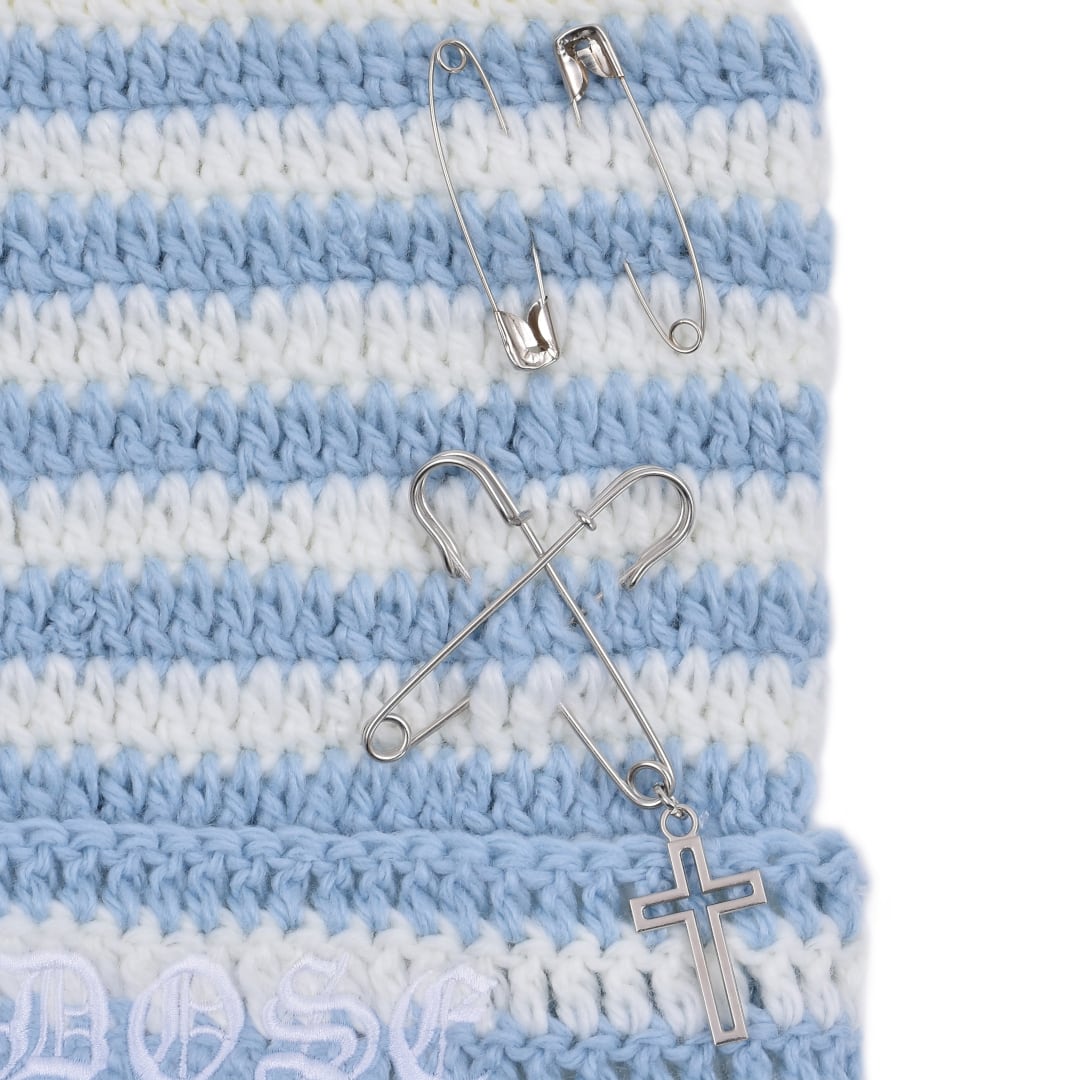 サブカルロゴ刺繍☆ボーダーネコ耳PINニット帽(WHITE/BLUE