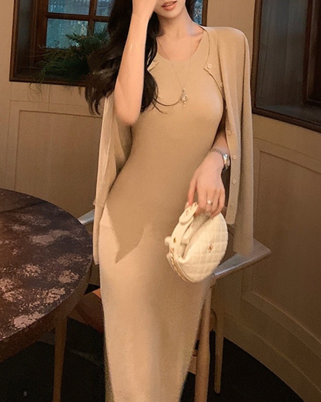 ラメニットワンピース×カーディガンセット　A25101