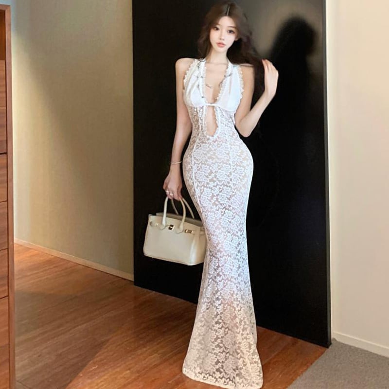 ロングドレス キャバドレス セクシー Vネック シアーレース