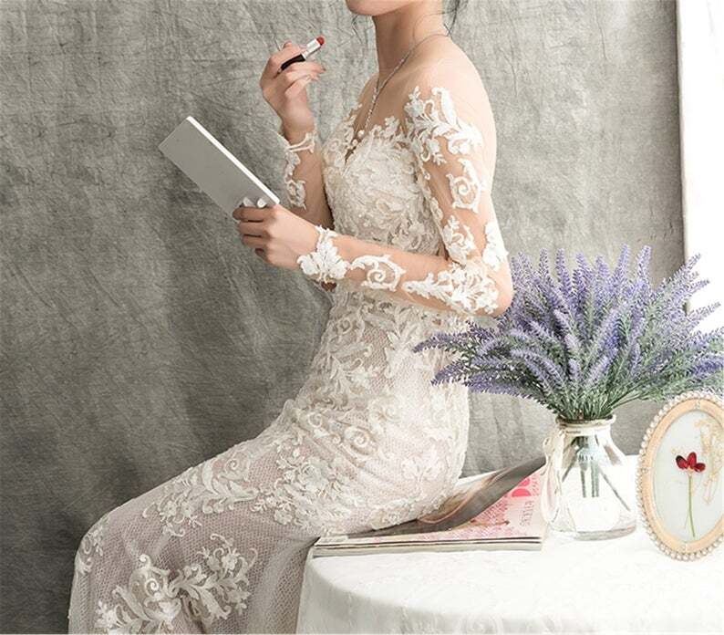 美品！ウエディングドレス 3D立体レース刺繍 華やかなトレーン マーメイドライン 憧れのドレス 優雅なシルエット