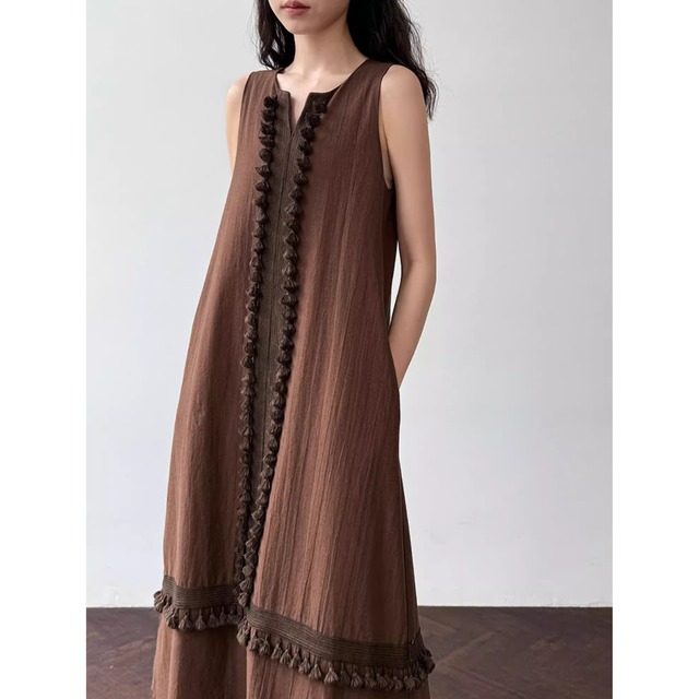 Tassel decor sleeveless A-line midi dress ◇2colors 2115