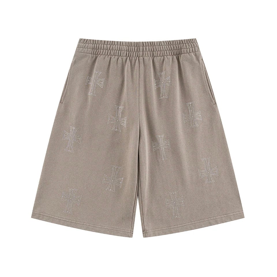 【UNKNOWN】Outline Cross Rhinestone Baggy Sweat Shorts / Beige【アンノーン】