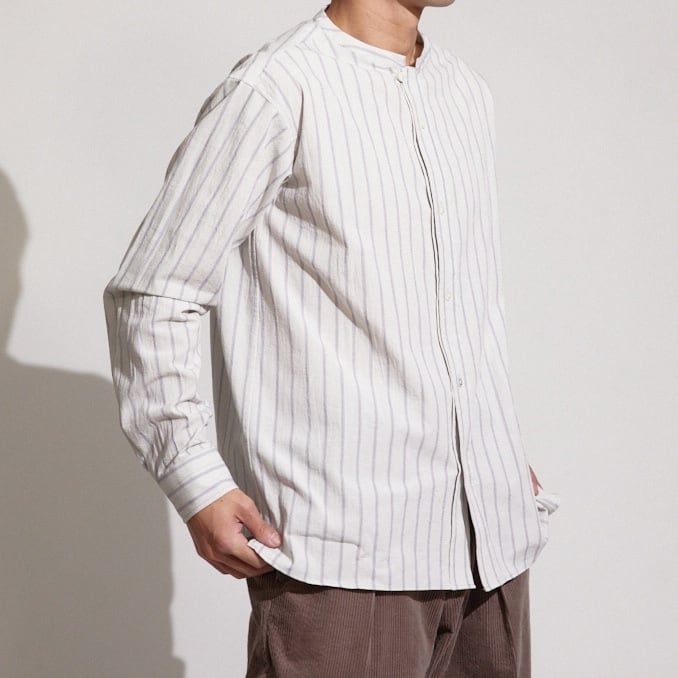 WASHER STRIPE BAND COLLAR SHIRT / ワッシャーストライプバンドカラー