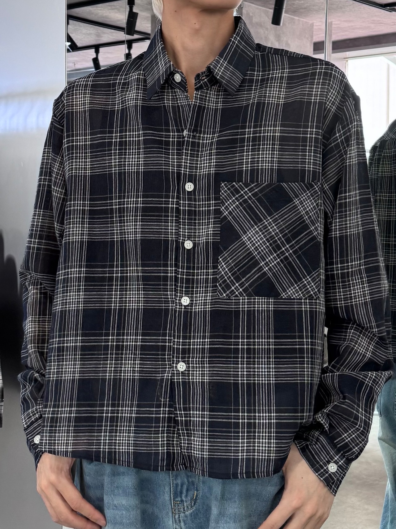 【ALUDE】sheer check short shirt(ネイビー） [サイズ: navy] [カラー: F]