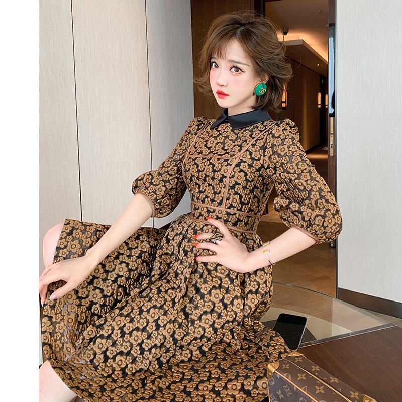 スタンダードジャカードカラースリーブウェストAラインドレス スプリング ランタンスリーブ レトロ 春物 MIUCO23821967873