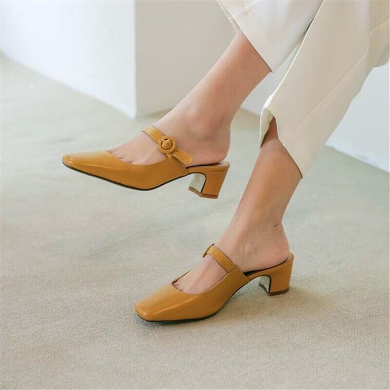 【新作】【送料無料】 スクエアトゥハイヒールレディースシックヒールハイヒールイエローモカレザーハイヒール春秋レディースカジュアルスリッパ 靴 シューズ ミュール スプリング 春物 オータム 秋物 スクウェア 10b354737550070