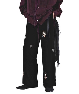 Midorikawa / MID26AW-PT02B EMBROIDERY VELVET BELTED SLACKS(BLACK CAT)