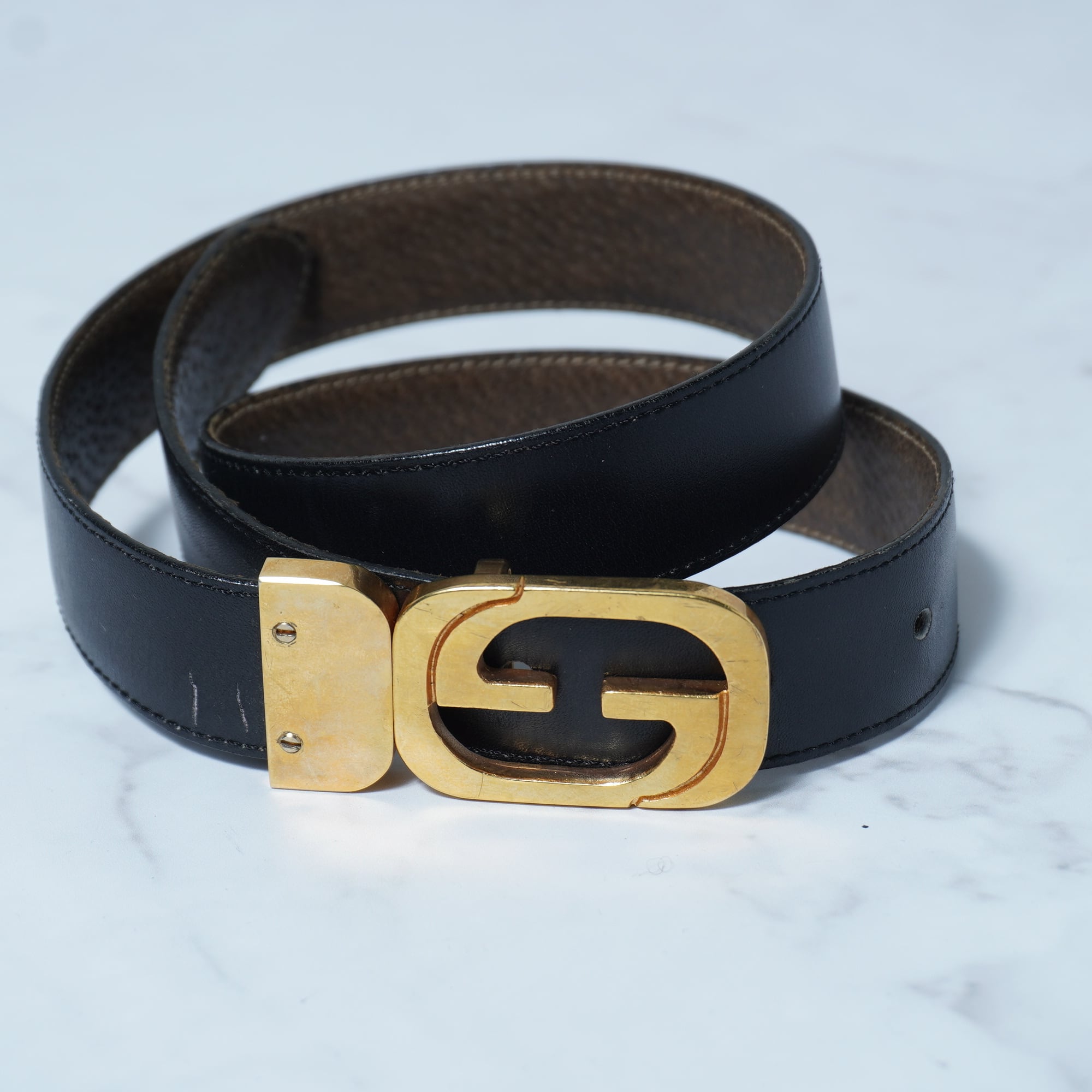 GUCCI】グッチ ”GGロゴ” ゴールドバックルレザーベルト black