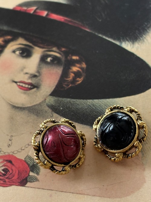 17mm Japanese ヴィンテージボタン ドーム型 フラワー メタルボタン カボション ブラック／ボルドー アクセサリーパーツ