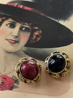 17mm Japanese ヴィンテージボタン ドーム型 フラワー メタルボタン カボション ブラック/ボルドー アクセサリーパーツ