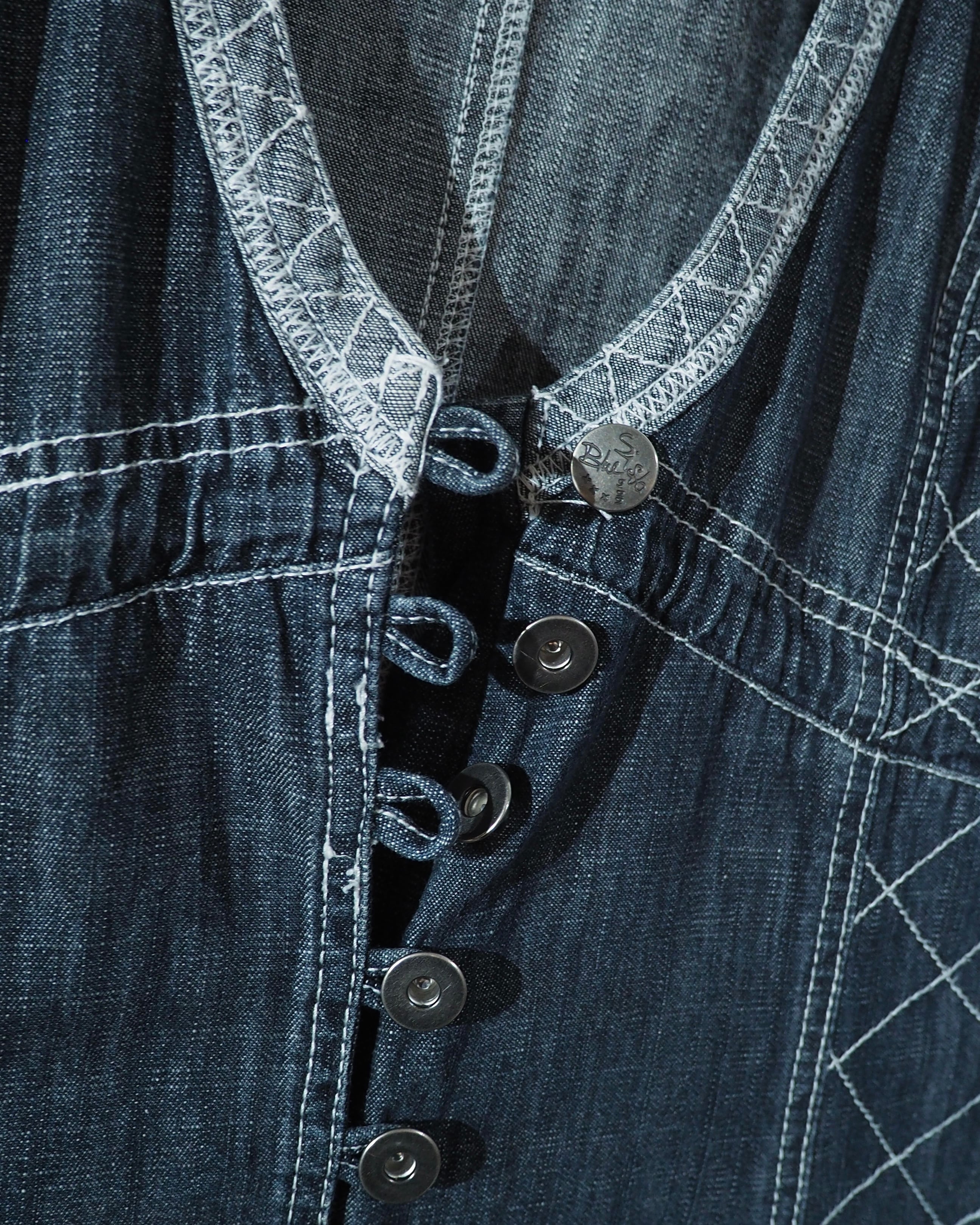 Random Patchwork × White stitch Embroidery vintage Indigo Denim Onepiece