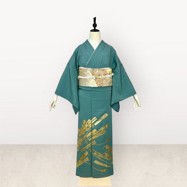 色留袖レンタル フルセット 浅緑花車熨斗四季花文 MSサイズ 001