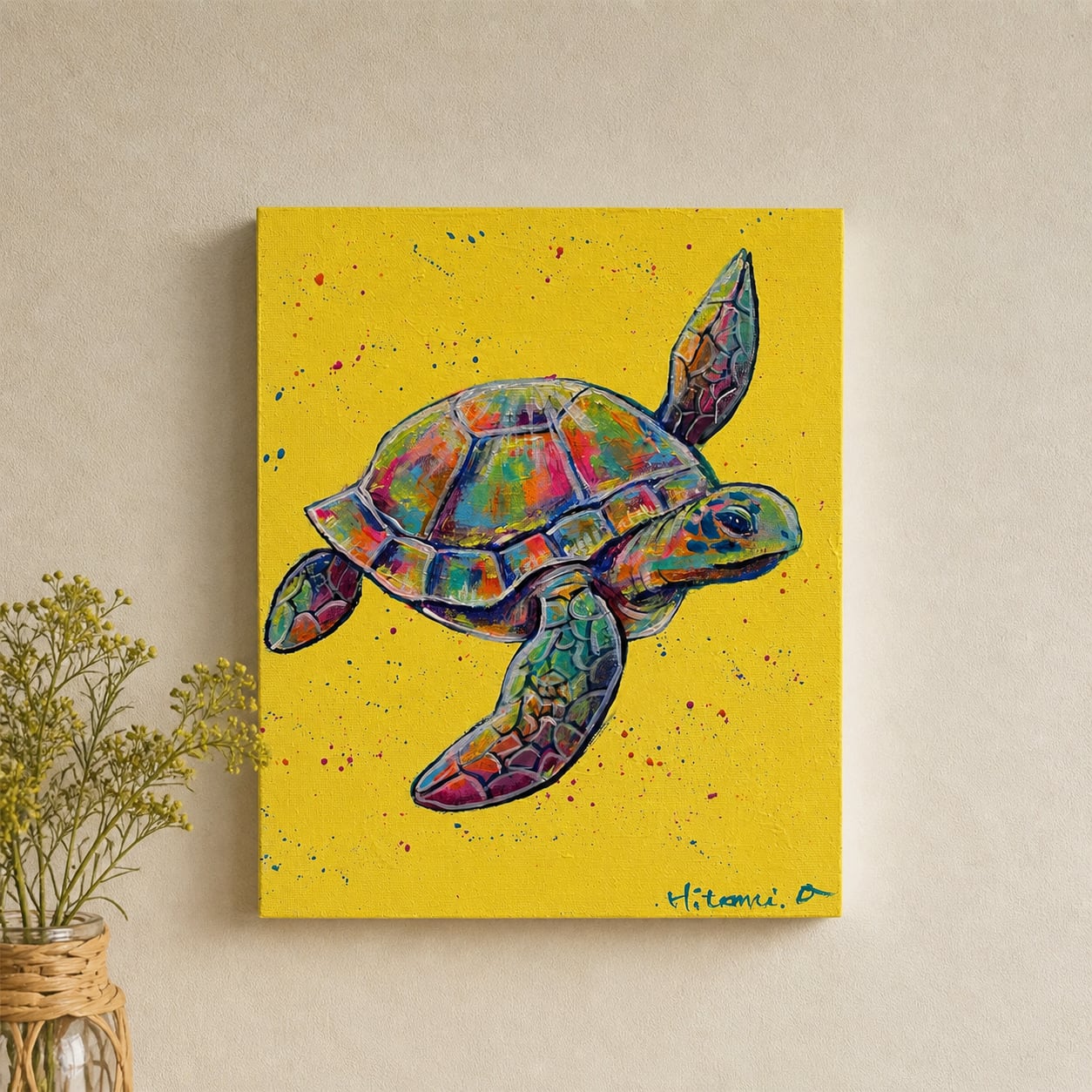 A-103/26】原画 絵画 動物画 ウミガメ カラフル キャンバス 真作