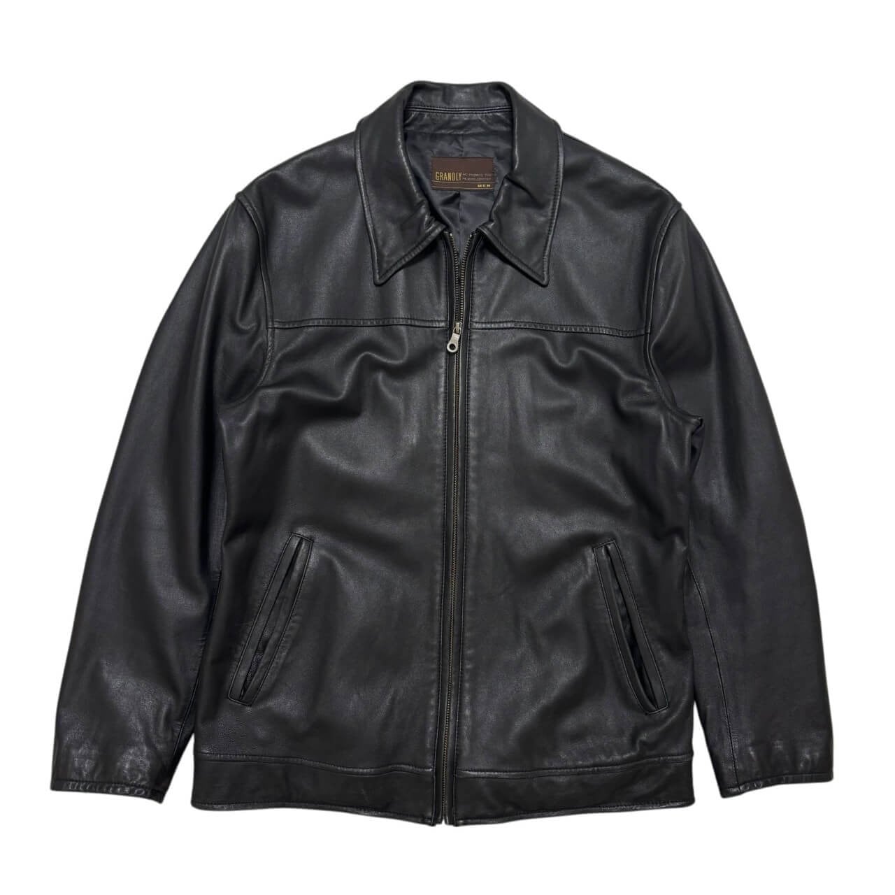 古着 グランドリー レザージャケット クリーニング済み GRANDLY MEN 革ジャン 羊革 ラムレザー メンズL 黒