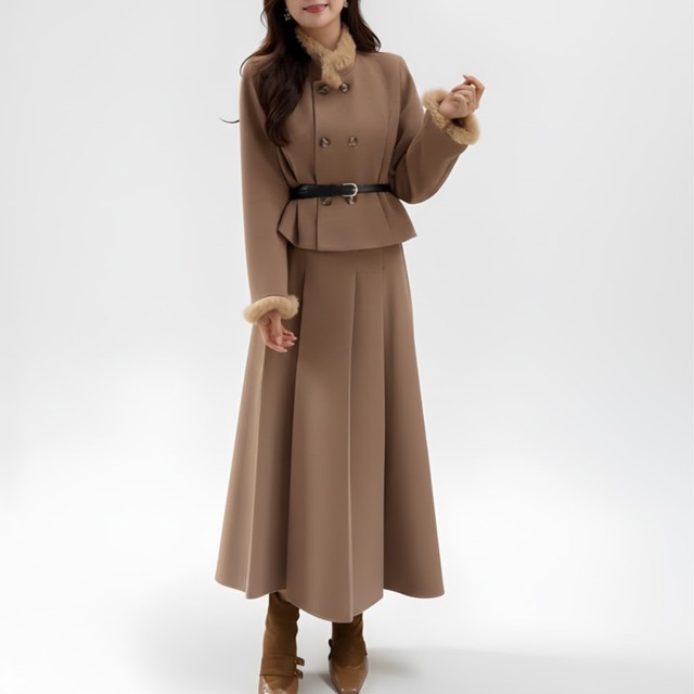 ＜セットアップ＞Fur combination short jacket and flared skirt set　ch0330