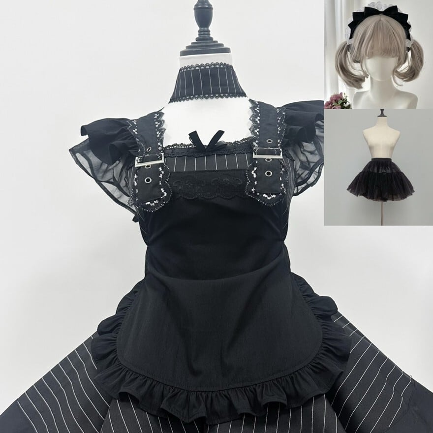 ゴスロリメイド服 地雷系ワンピース カチューシャ パニエ付き