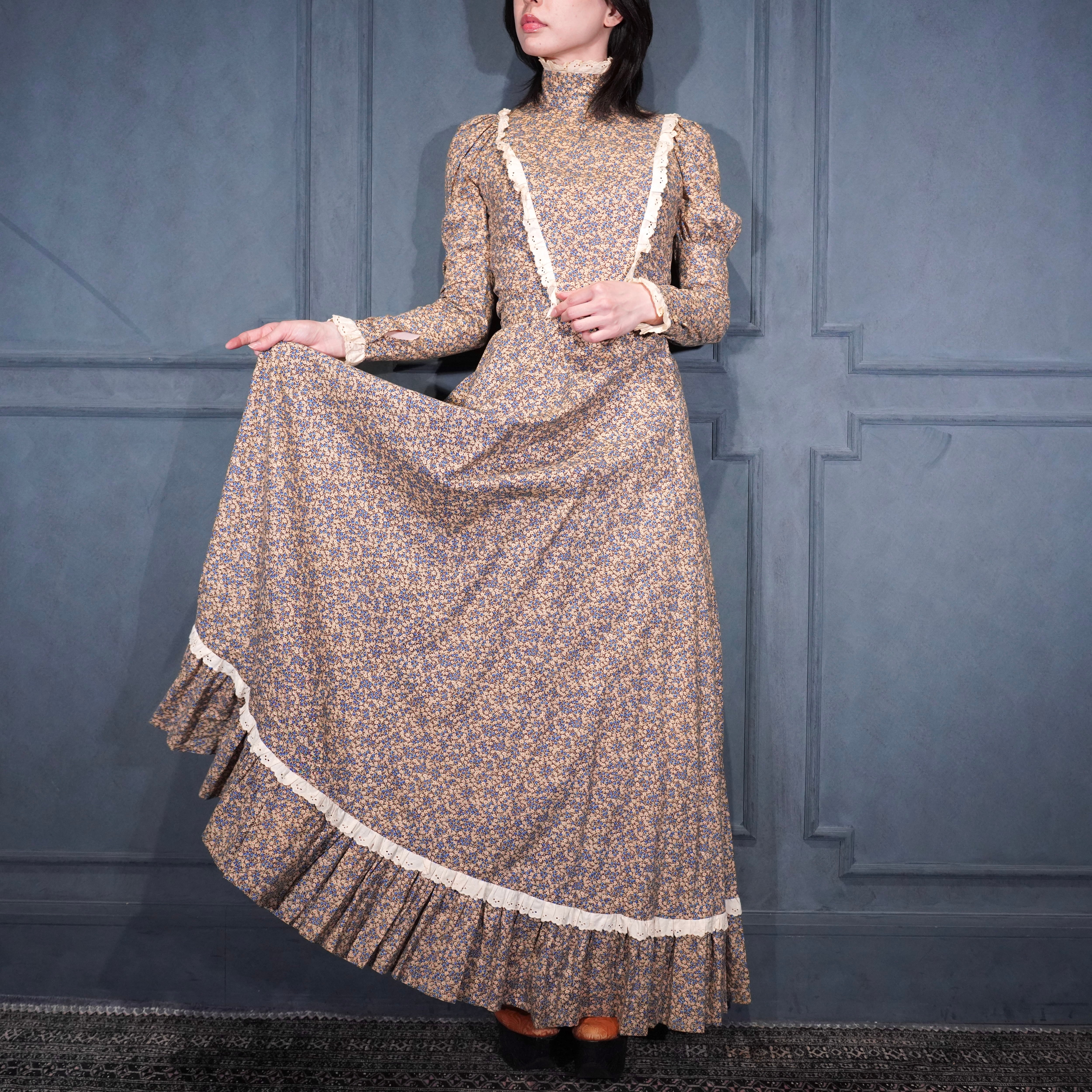 70's USA VINTAGE FLOWER PATTERNED LACE DESIGN COTTON DRESS ONE
