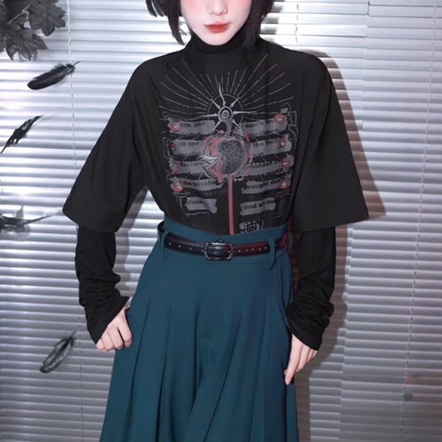 ハートコアプリント5分袖トップス（ruf_02961）