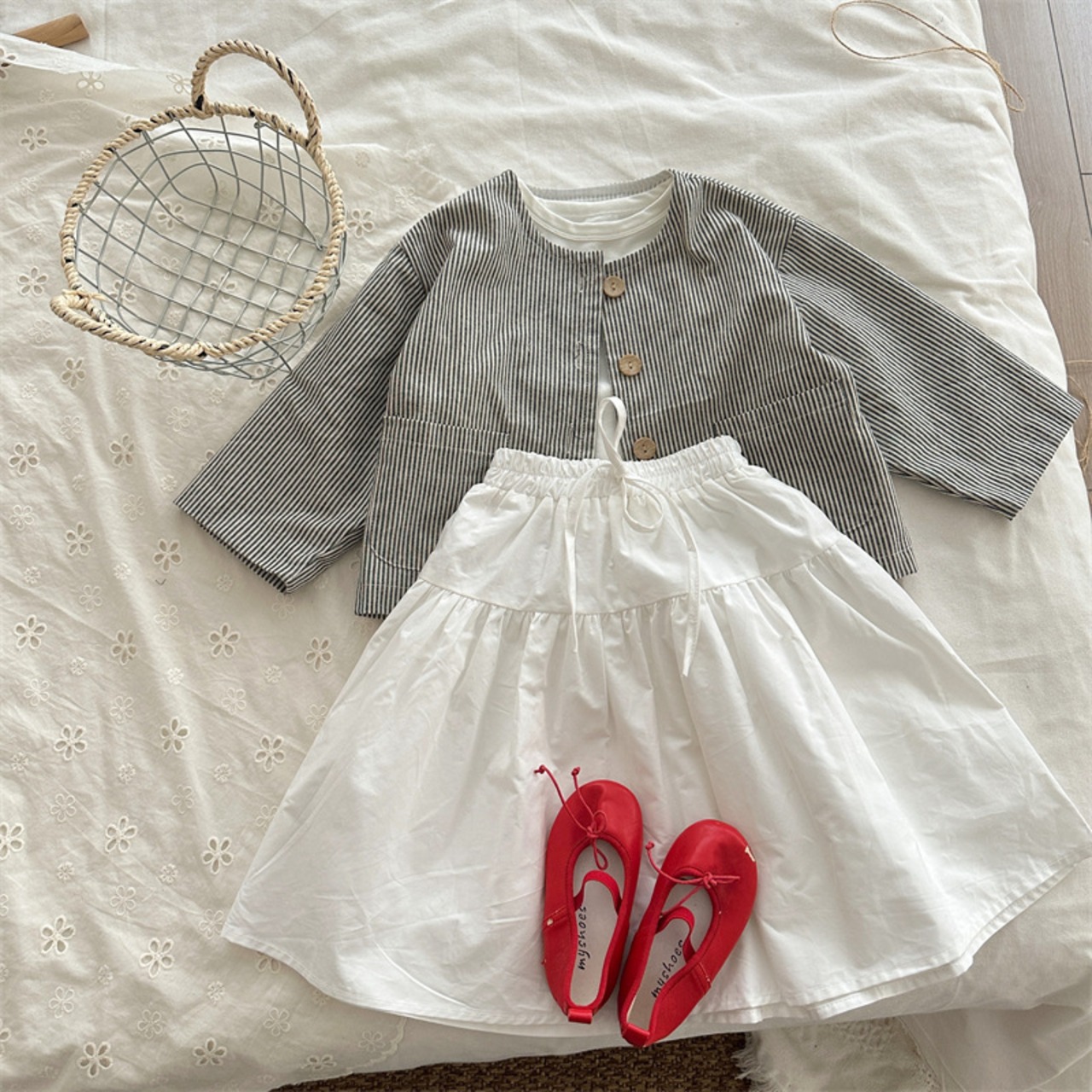 秋ストライプノーカラーシャツ