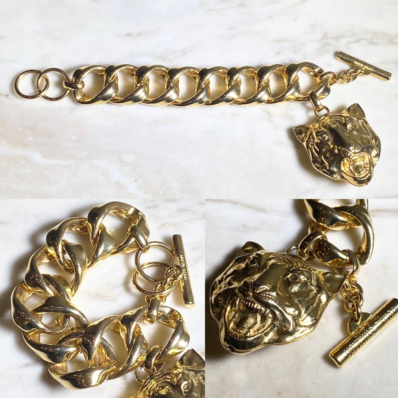 vintage JUNKO SHIMADA gold color metal chunky bracelet with “tiger head”