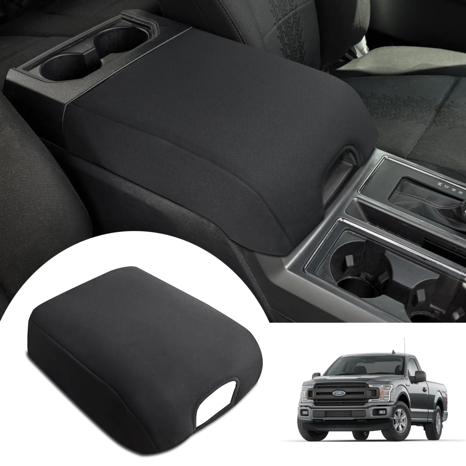 thumbnail image 2 of Black Leather Center Console Lid Armrest Cover For Ford F150 F250 F350 – Bucket Seat 2 of 5