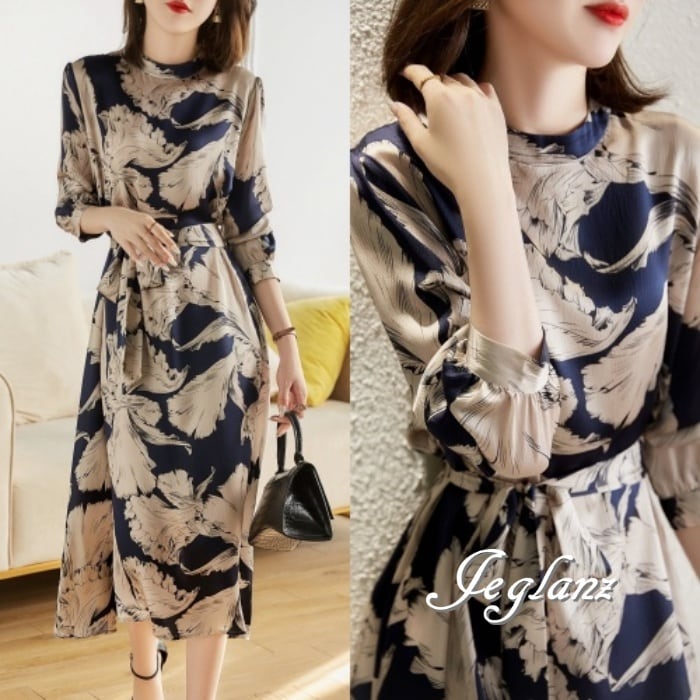 セミロング丈 ワンピース ドレス モックネック 共ベルト きれいめ 大人シック(M3629)γα