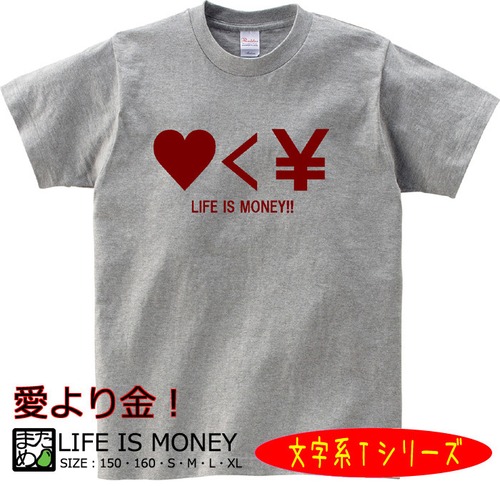 【おもしろ文字系Tシャツ】LIFE IS MONEY（杢グレー）