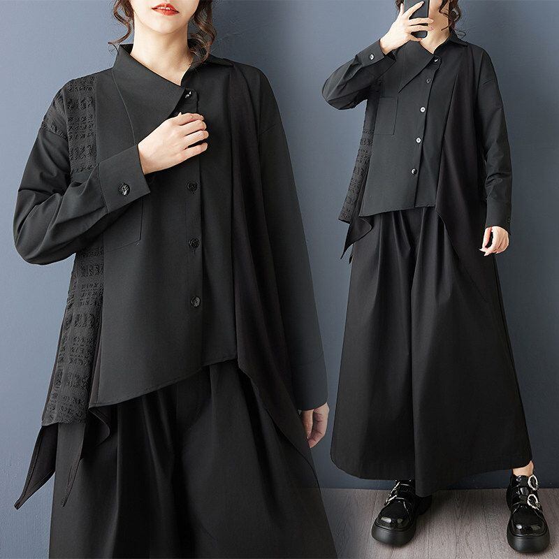 ASYMMETRIC PANEL BUTTON-UP LONG SLEEVE SHIRT M-18856