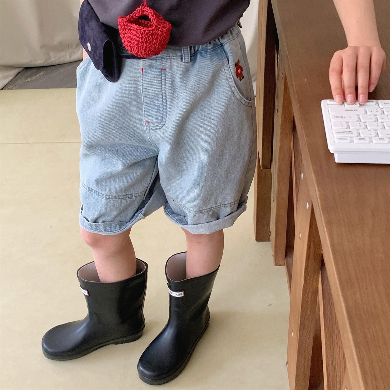 夏熊柄デニムハーフパンツ