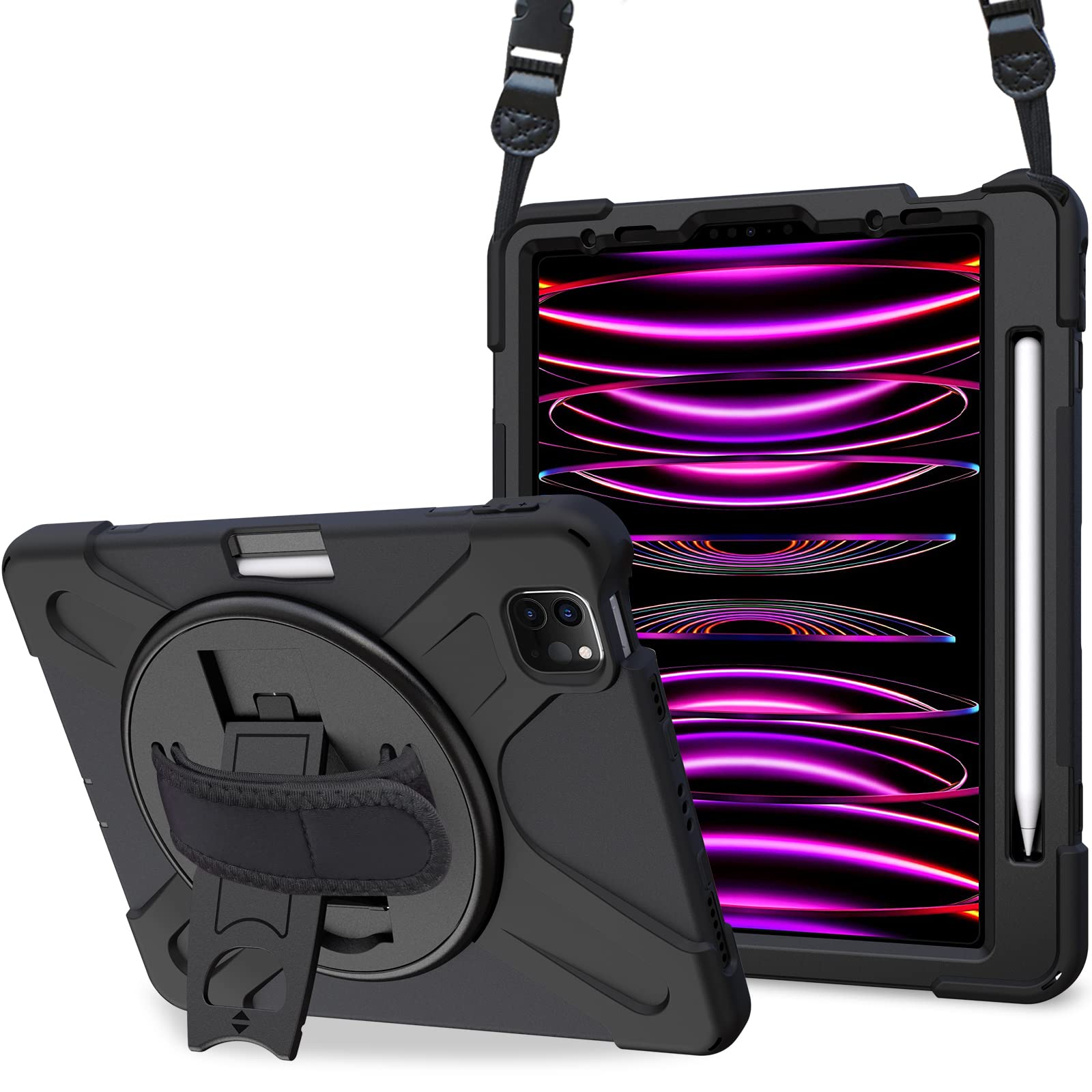 ProCase iPad Pro 12.9 ショルダーケース 第6/5/4/3世代に適用(2022 2021 2020 2018)、肩掛け式 ペンホルダーと手首付き 回転スタンド 耐衝撃バックカバー