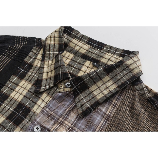 ランダムパッチワークオーバーサイズチェックシャツ  R00348