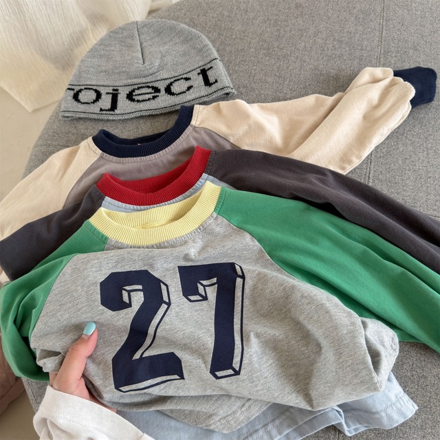 ナンバリングラグランロングTシャツ（3色展開）ADBB｜トップス オーバーサイズ｜幼稚園 保育園 小学生｜通園 通学 普段着｜韓国子供服｜男の子 女の子｜80-130cm｜2026秋服 ［取寄］