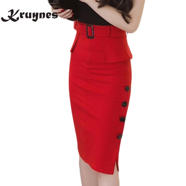 新ファッションオフィススカートの女性のハイウエストミディスカート赤黒ボディコン Ol ペンシルスカートボタンオープンスリットエレガントな女性スカート