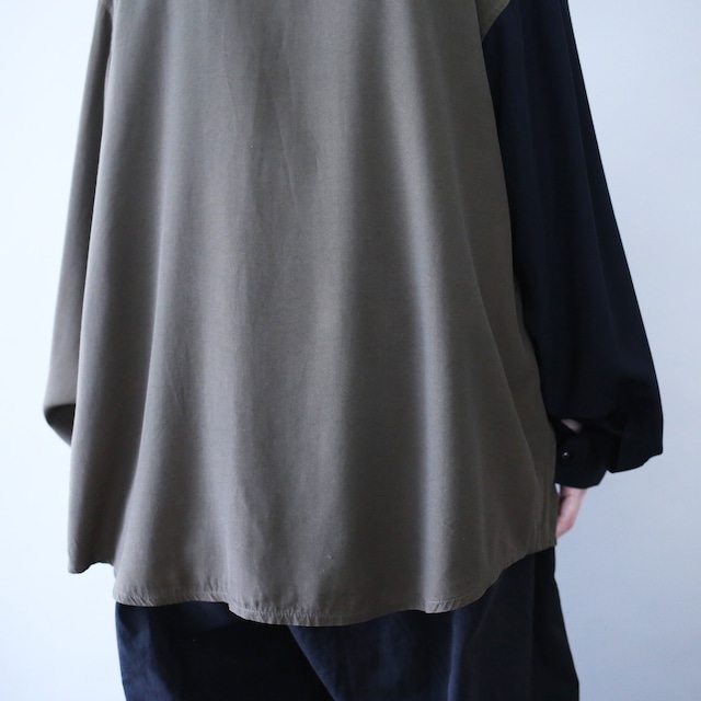 "black×khaki" bi-color switching design loose silhouette shirt