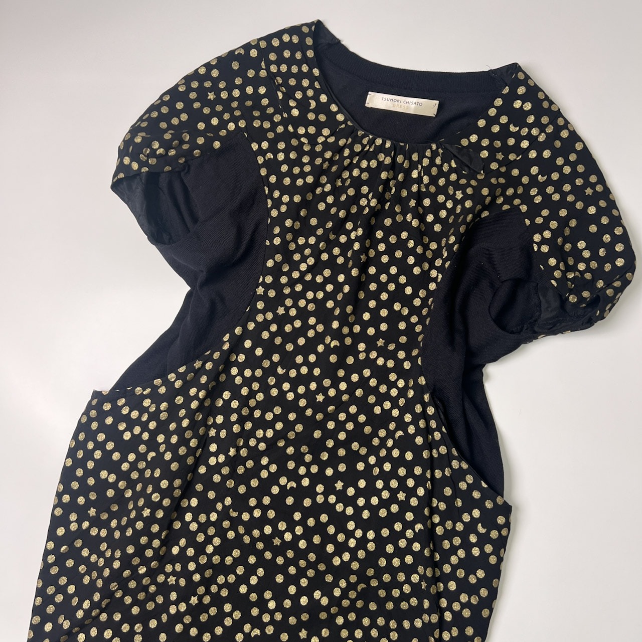 TSUMORI CHISATO ツモリチサト DRESS シルク100% ドット柄 ニット切替 ワンピース M/ブラック/ビンテージ