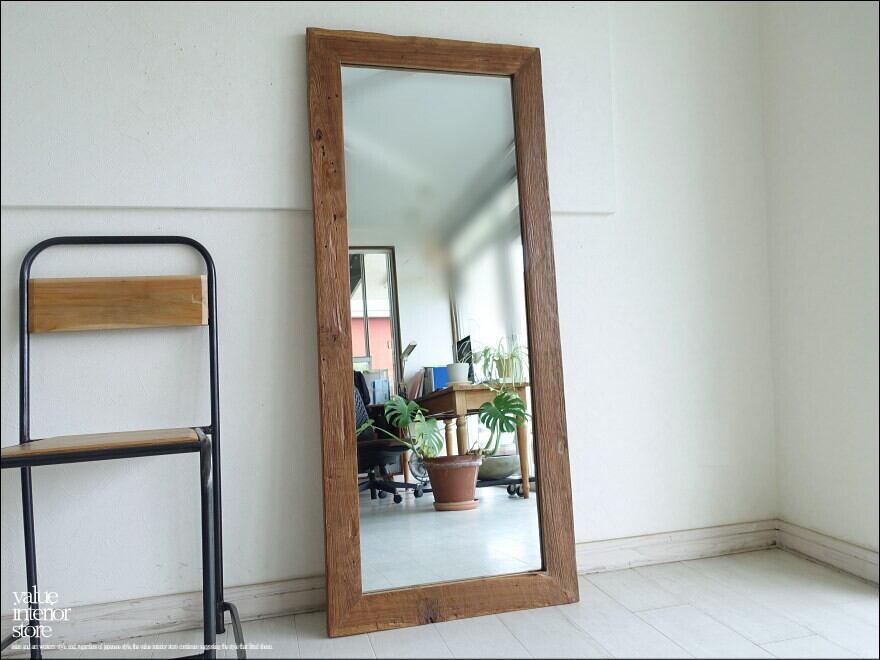 オールドチーク総無垢 ミラー140cm L/27 姿見 大型ミラー 全身鏡 古材家具 全身用 手作り ナチュラル レトロ 世界三大銘木 60cm x 140cm