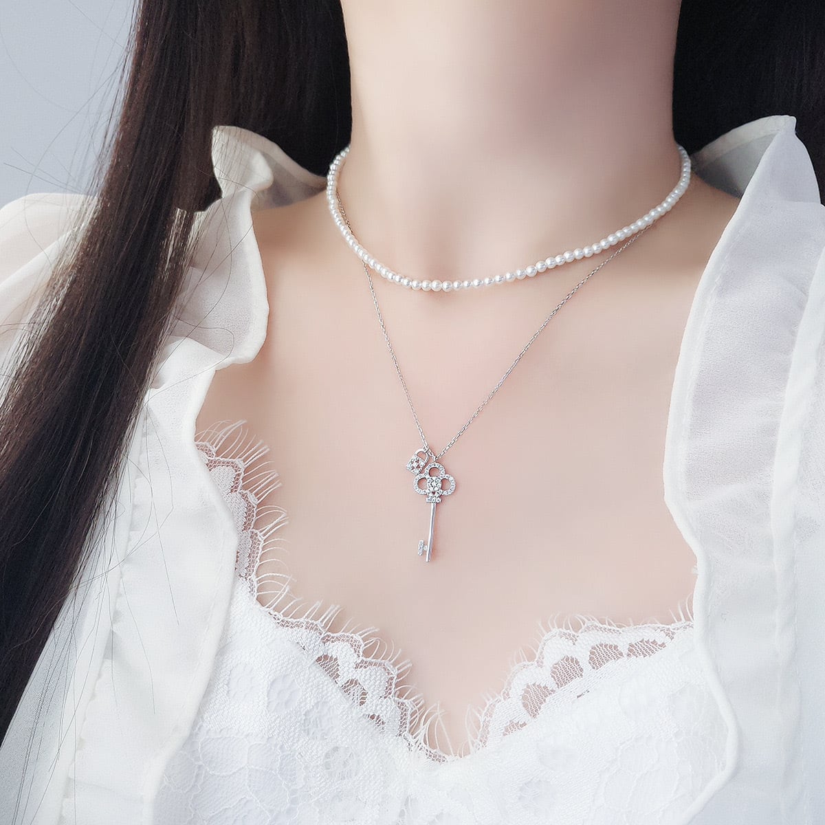 ペンダント おしゃれ 鍵型 キラキラ シルバー ネックレス[107] | FANCY