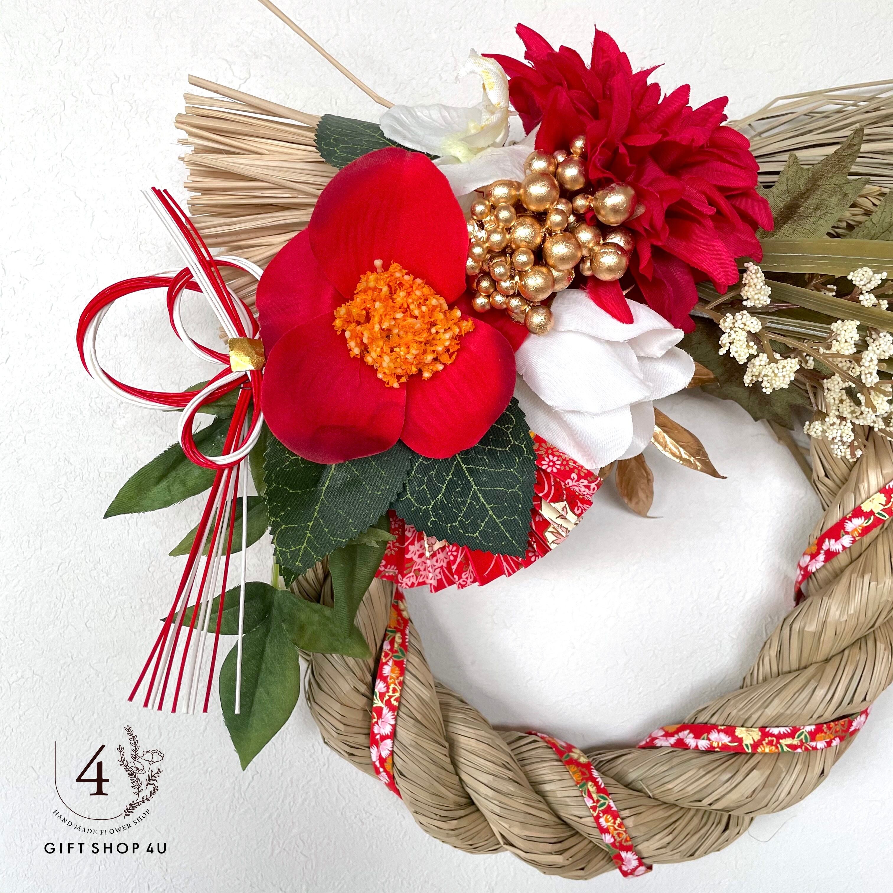 お正月】お正月お飾り 鮮やかしめ縄 椿 紅白 和柄 しめ縄 リース