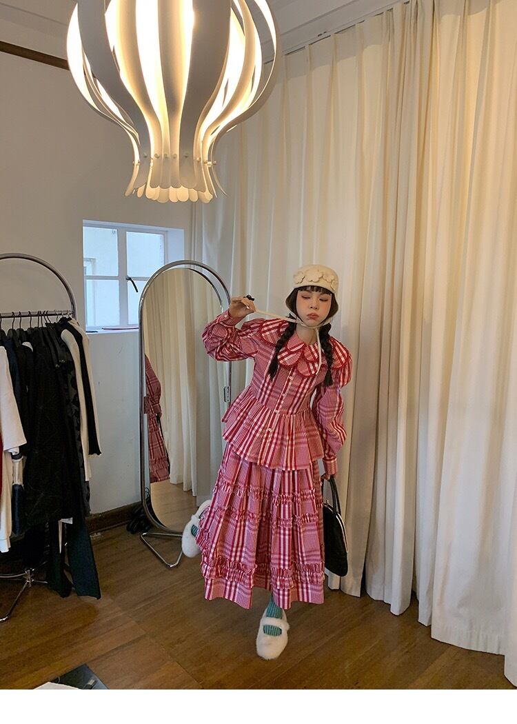 セットアップ】ワンピース 赤 チェック ブラウス スカート