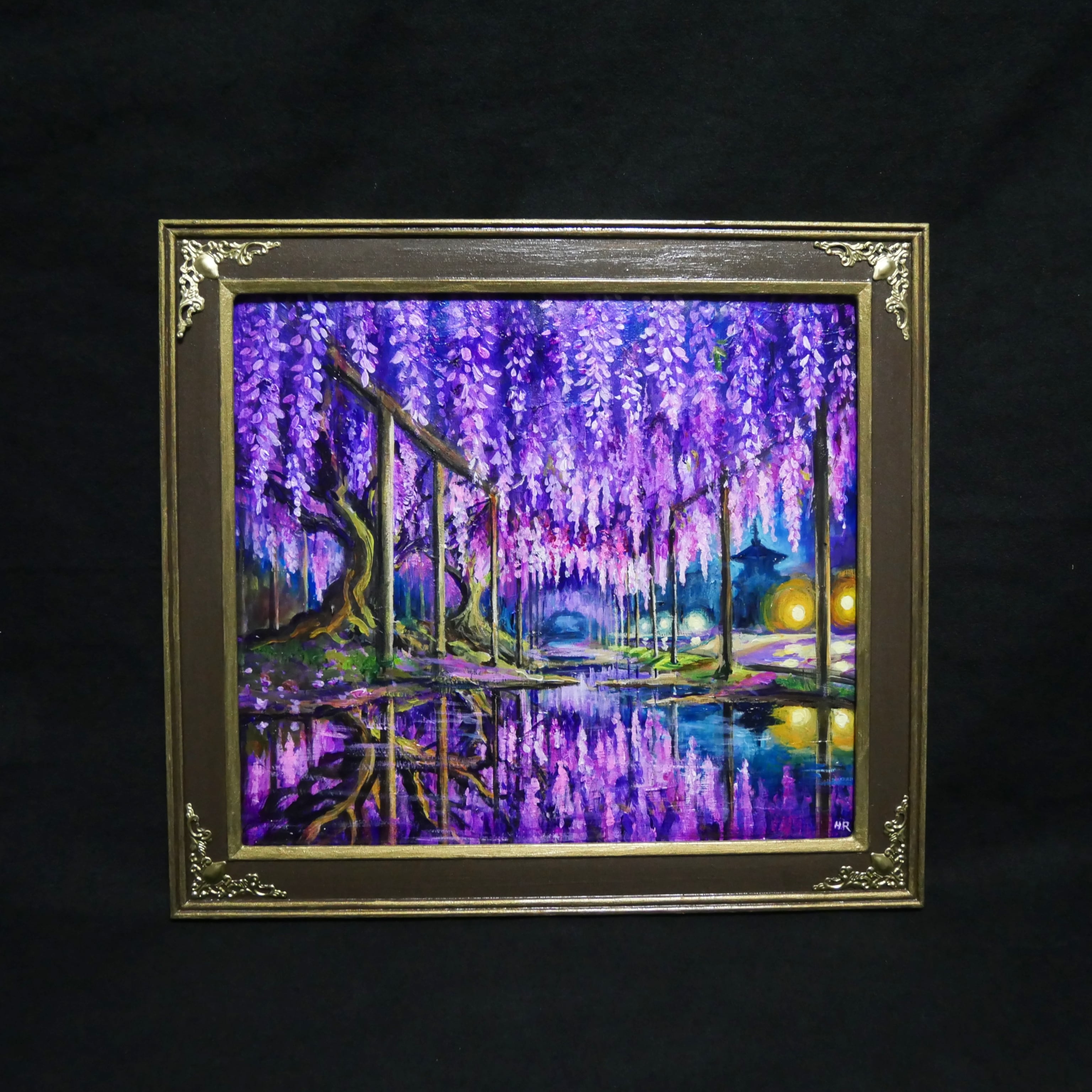 藤の花の油絵【紫光のカーテン】白毫寺 九尺ふじ 原画 一点物