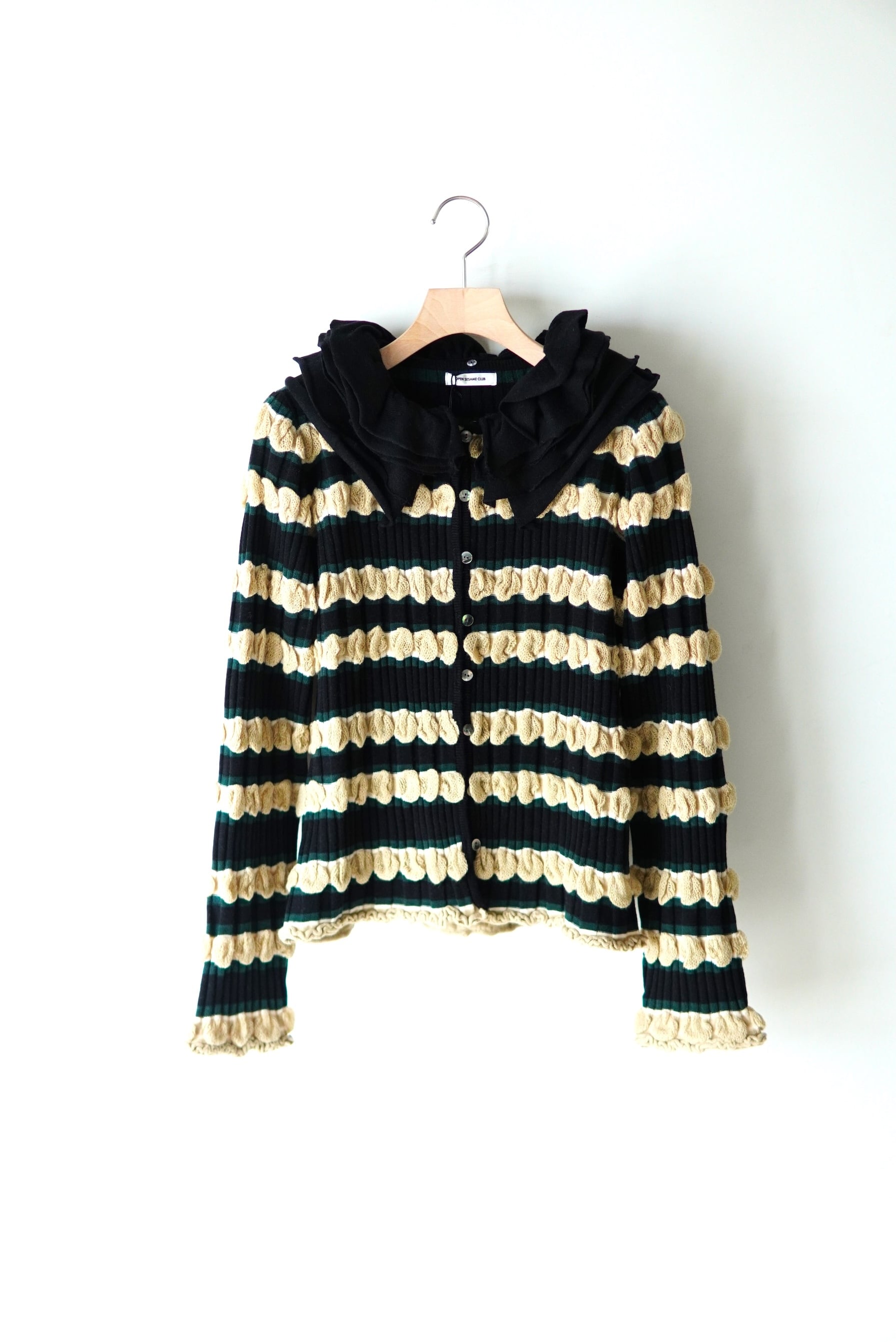 OPEN SESAME CLUB / Multi Border Cardigan / GREEN BLACK