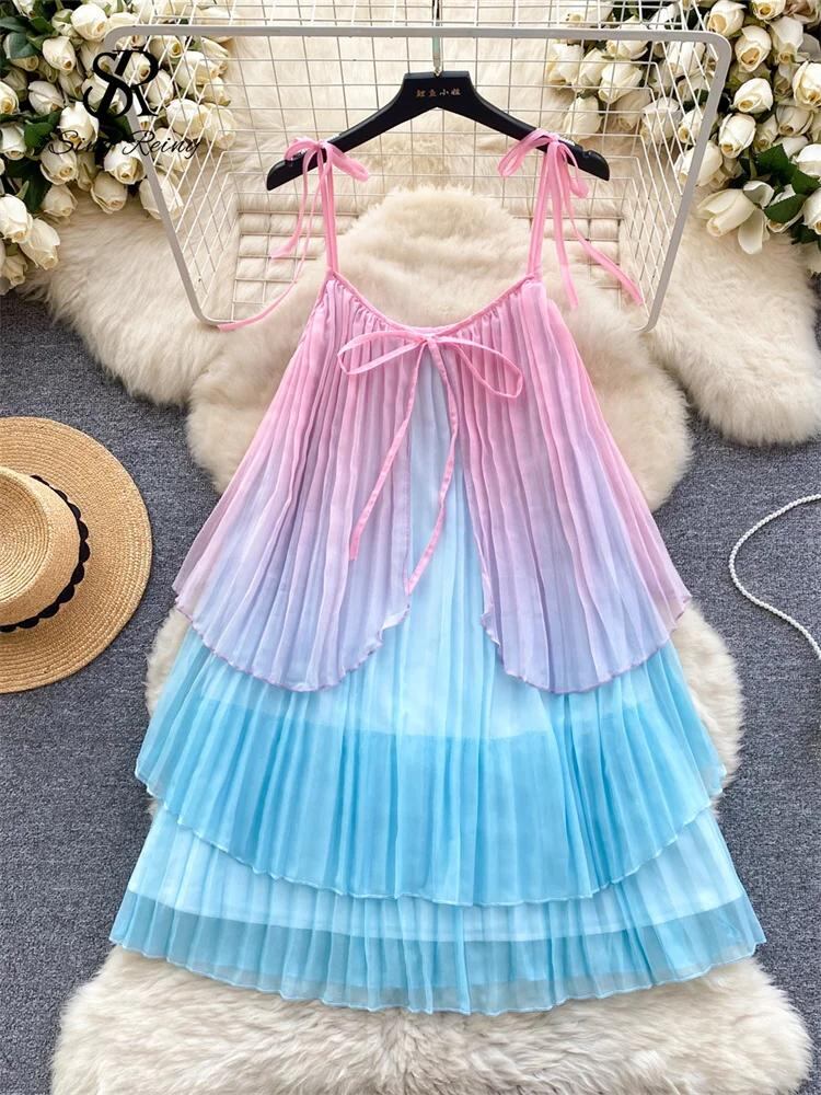 Sing補強-女性、フランス、ケーキ、休暇ストラップ、レースアップ、グラデーション、高品質、誕生日パーティー、上級のためのプリーツシフォンドレス_166