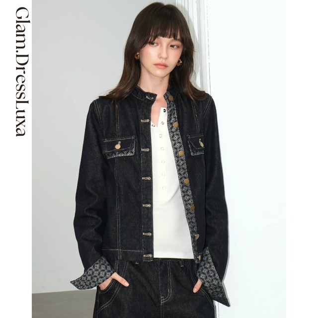 Jacquard Trim ノーカラーデニムジャケット_K06